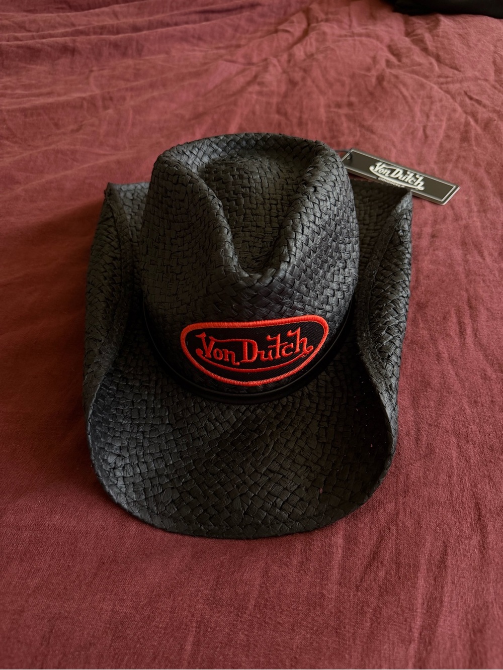 Von Dutch Black Straw Cowboy Hat with Red Logo Patch - Picture 2 of 4